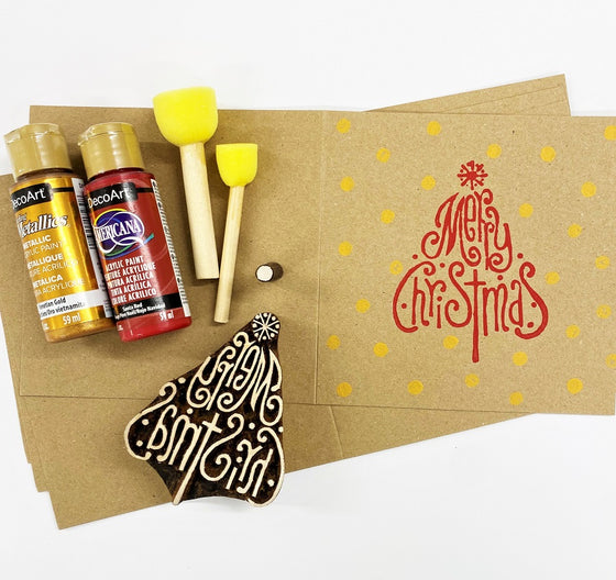Indian Block Printing Kit - Merry Christmas Tree & Dot Kraft Christmas Cards