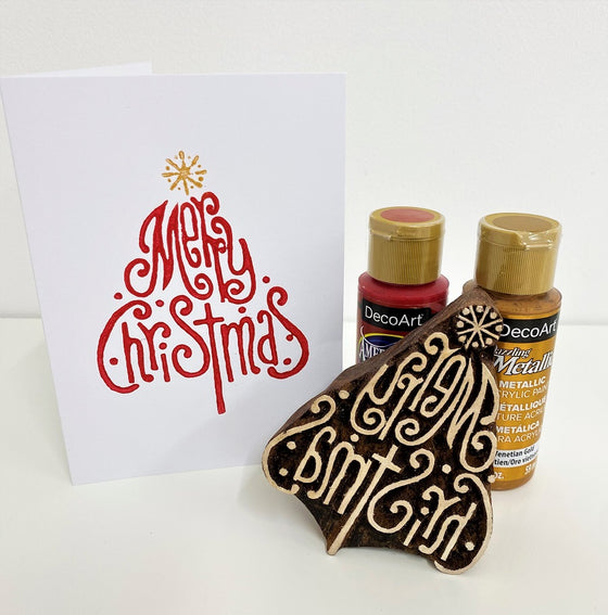 Indian Block Printing Kit - Merry Christmas Tree Christmas Cards