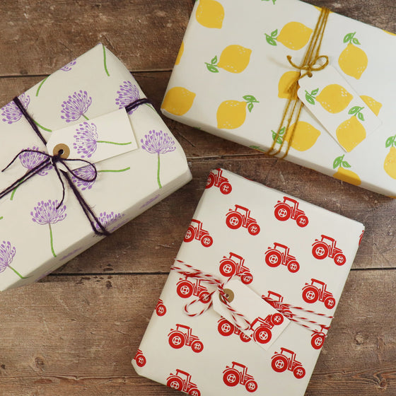 Hand block printed wrapping paper using miniature Indian wooden printing blocks 