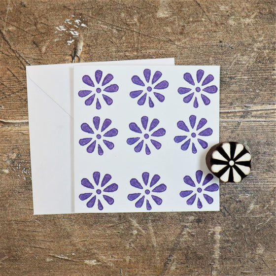 Hand block printed purple daisy card, printed using a Indian wooden printing block