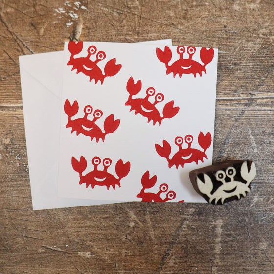 Block printed card in a funky crab design, printed using a wooden printing block