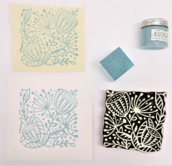 Fabric and Paper Seed Head Repeat Block Printed Sample