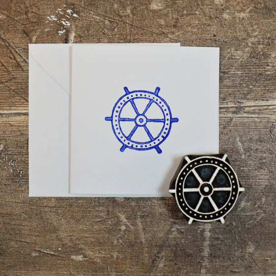 Block printing, hand printed card printed using a Ships Wheel Indian wooden printing block