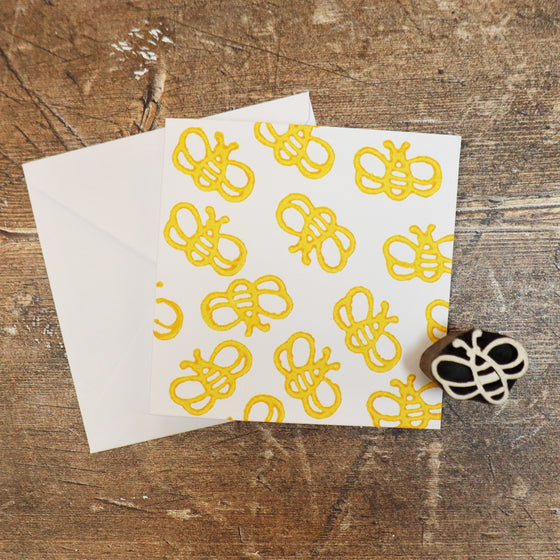 Hand block printed stationery, printed in a yellow bee design