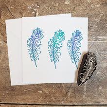  Hand printed card, printed using a Indian wooden printing block and acrylic paint in a Feather design