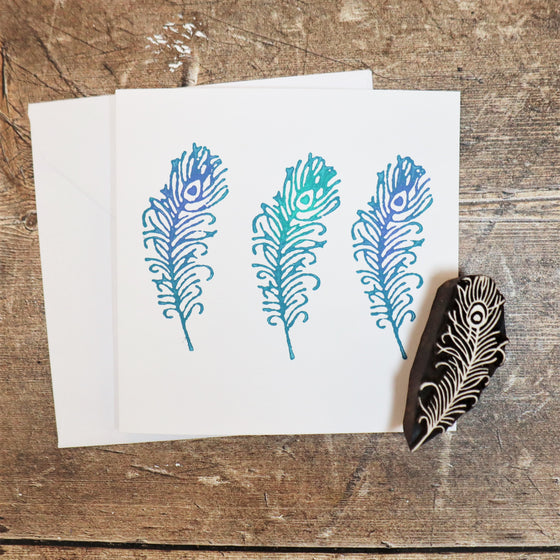 Hand printed card, printed using a Indian wooden printing block and acrylic paint in a Feather design