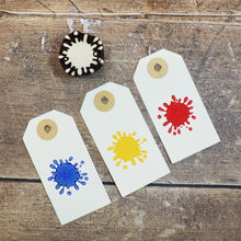  Hand block printed tags, printed using acrylic paint and a mini paint splat Indian wooden printing block