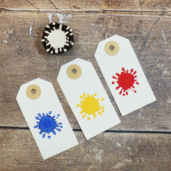 Hand block printed tags, printed using acrylic paint and a mini paint splat Indian wooden printing block