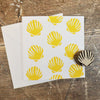 Hand block printed card in a yellow shell design