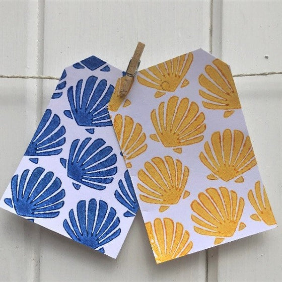 Hand block printed gift tags, printed in acrylic paint using a small shell Indian wooden printing block