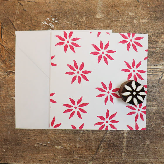 Hand printed card, printed using a spiky daisy Indian wooden printing block